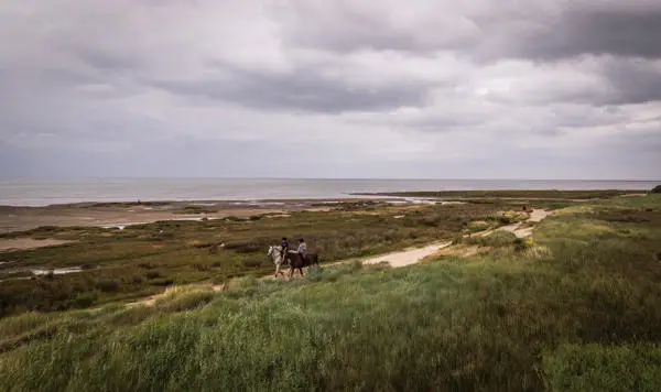 Red Wharf bay beach with two horses on the path and Arthurs table just to the right