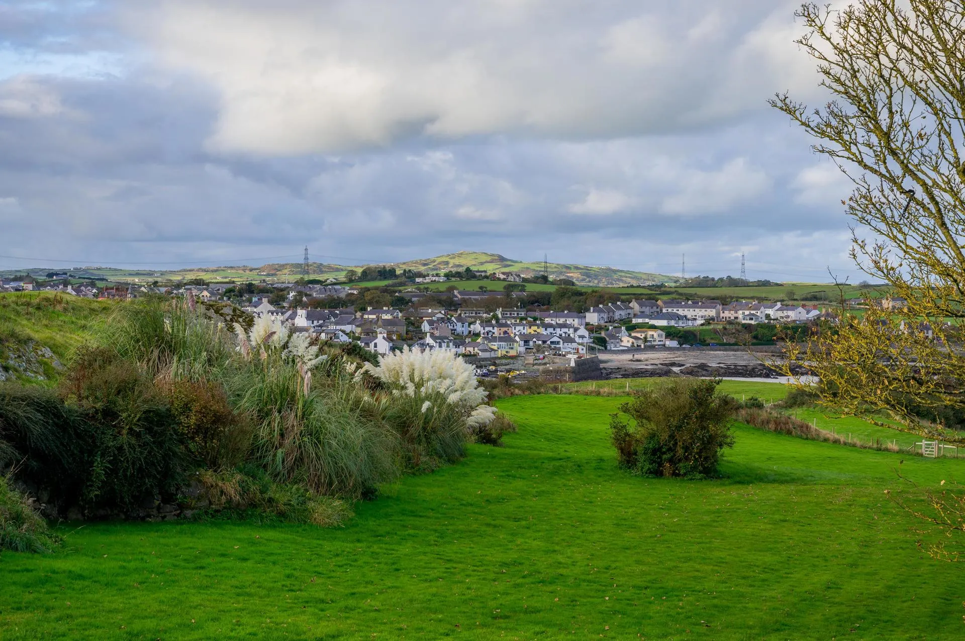 View across a green field looking towards Parys Mountain with settlement in foreground