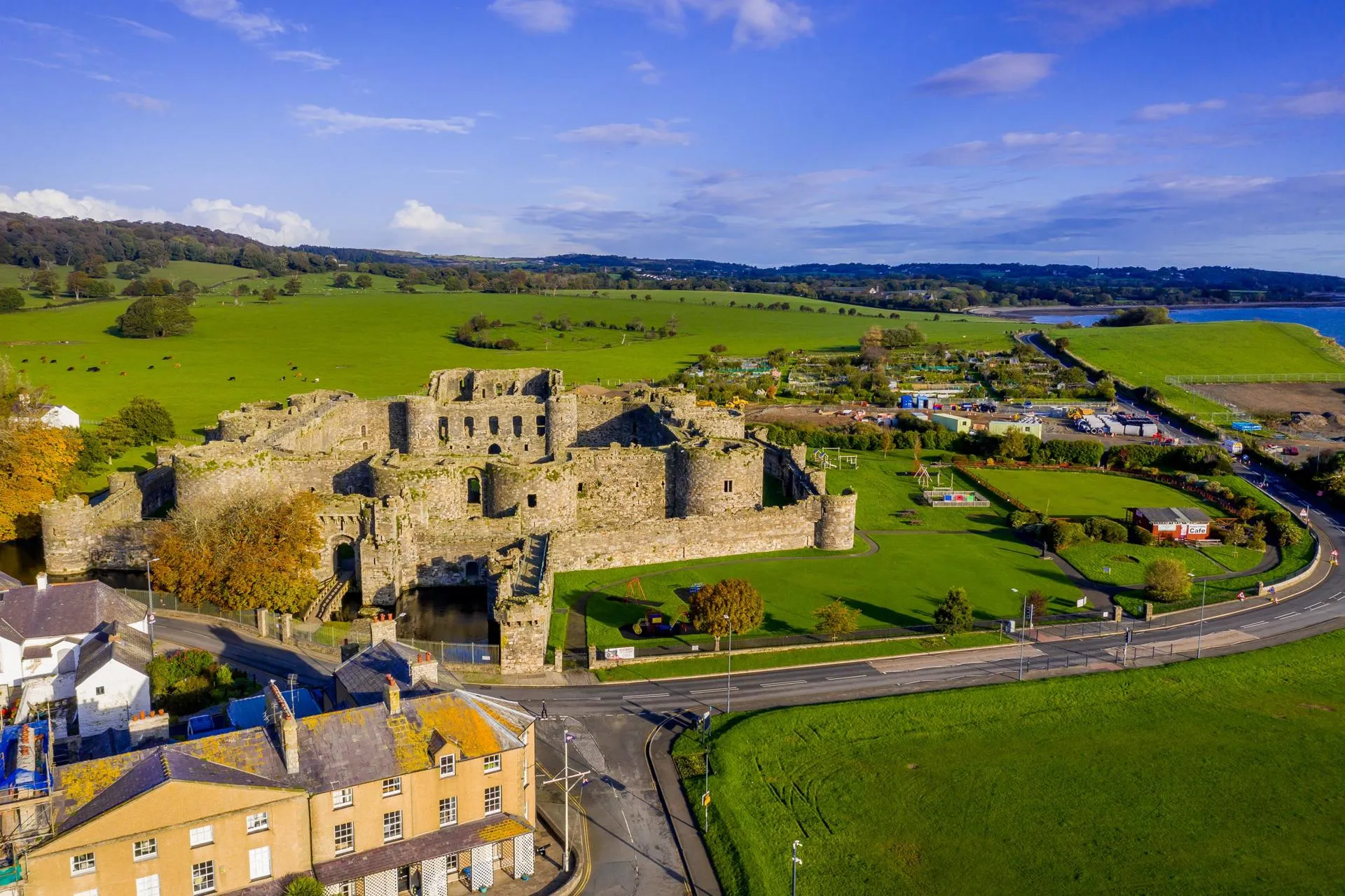 Aerial view of Beaumaris Castle showing fortifications and main gatehouse