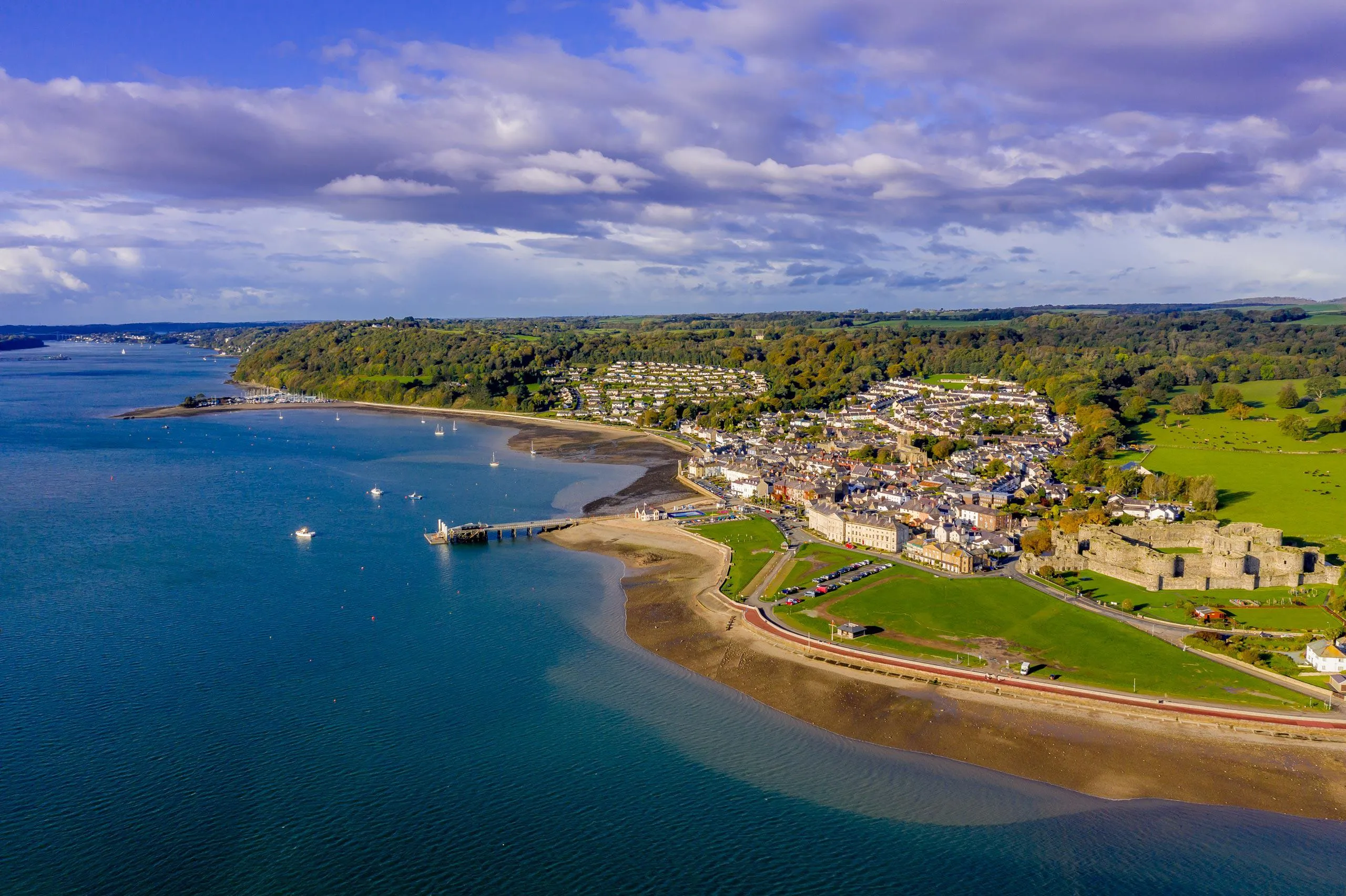 Aerial view of the town of Beaumaris from the sea