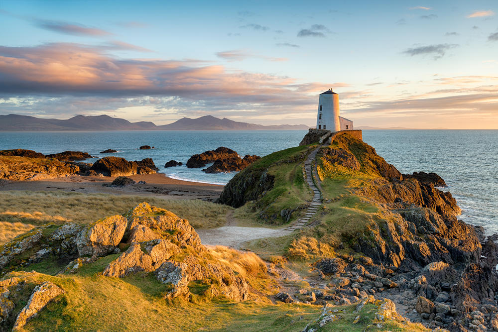 Llanddwyn island and lighthouse at sunset
