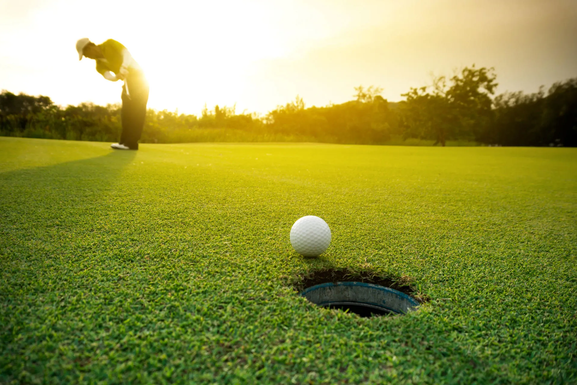 Person putting a golf ball on the green at sunset